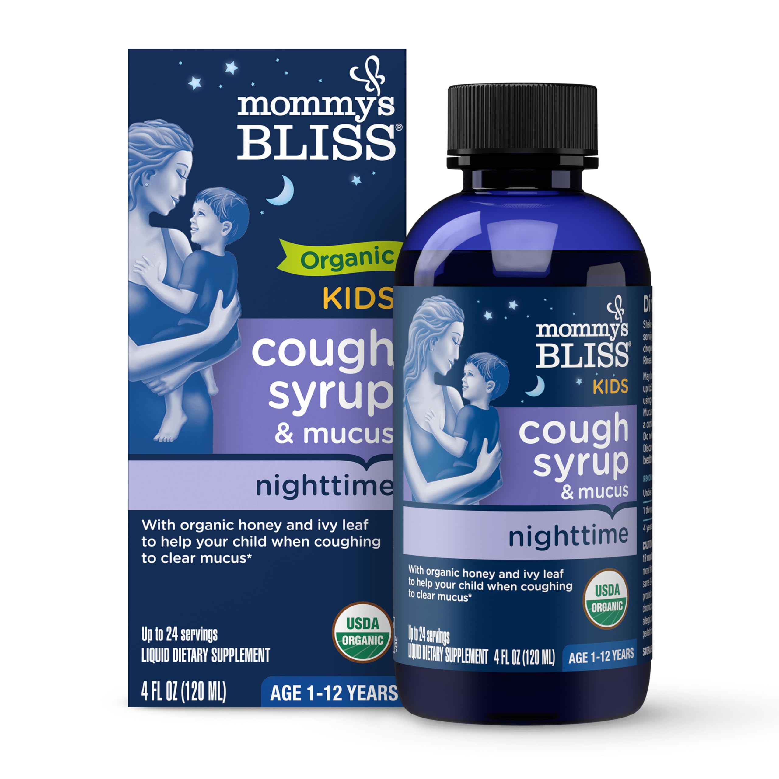 Mommys Bliss Organic Kids Cough Syrup & Mucus Relief for Night Time, Agave & Honey, Ivy Leaf, Zinc, Vitamin C, +Herbal Nighttim