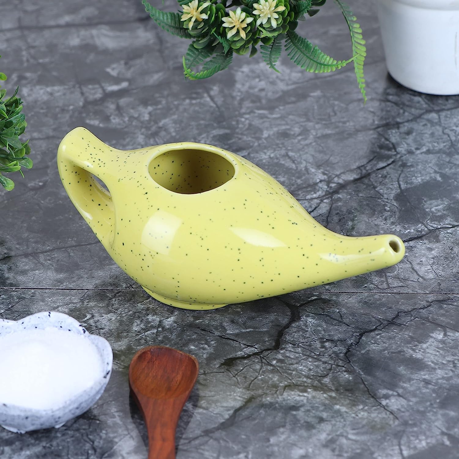 Qimacplus Leak Proof Durable Ceramic Neti Pot with 10 Sachet Neti Salt Hold 300 Ml ((10.14 FL Oz) Water Comfortable Grip | Eco F