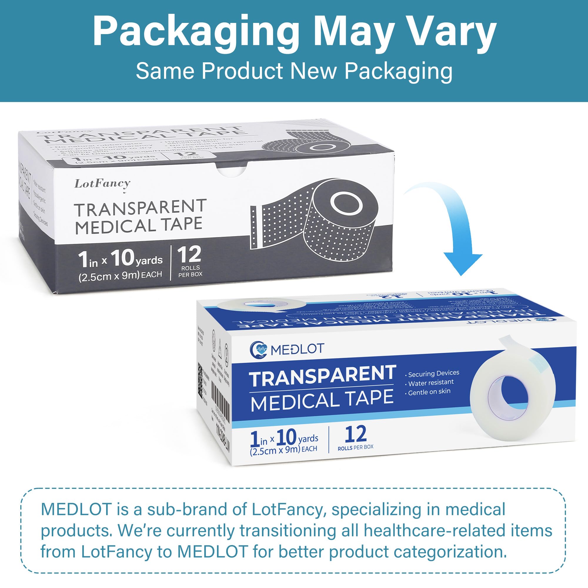 LotFancy Transparent Medical Tape, 12 Rolls Adhesive Clear Hypoallergenic Surgical Tape, PE First Aid Tape for Wound, Bandage, 1