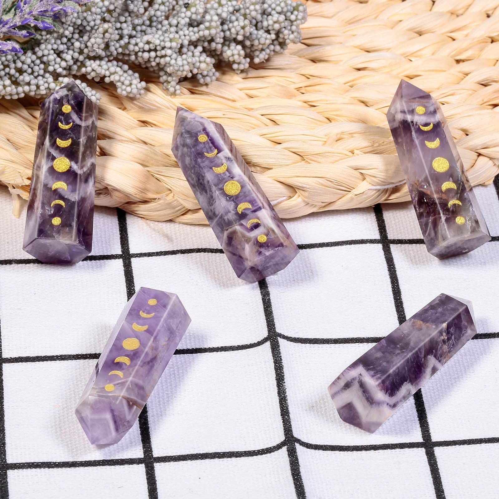 Amogeeli Wicca Moon Phase Amethyst Crystal Point Wand for Reiki Meditation, 6 Faceted Prism Healing Stone Decoration for Home &