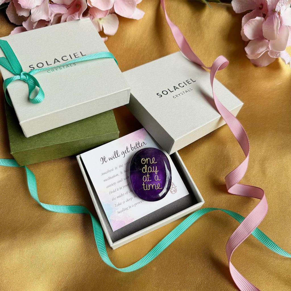 SOLACIEL Nature Amethyst Healing Crystal One Day at A Time, Inspirational Thinking of You Gifts for Women Men