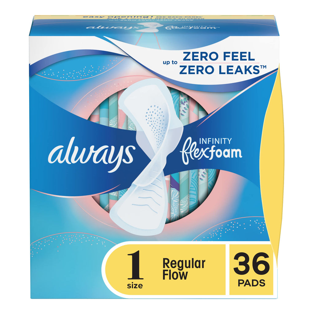 Always Infinity Feminine Pads for Women, Size 1 Regular Absorbency, with Wings, with Flexfoam, Unscented, 36 Count