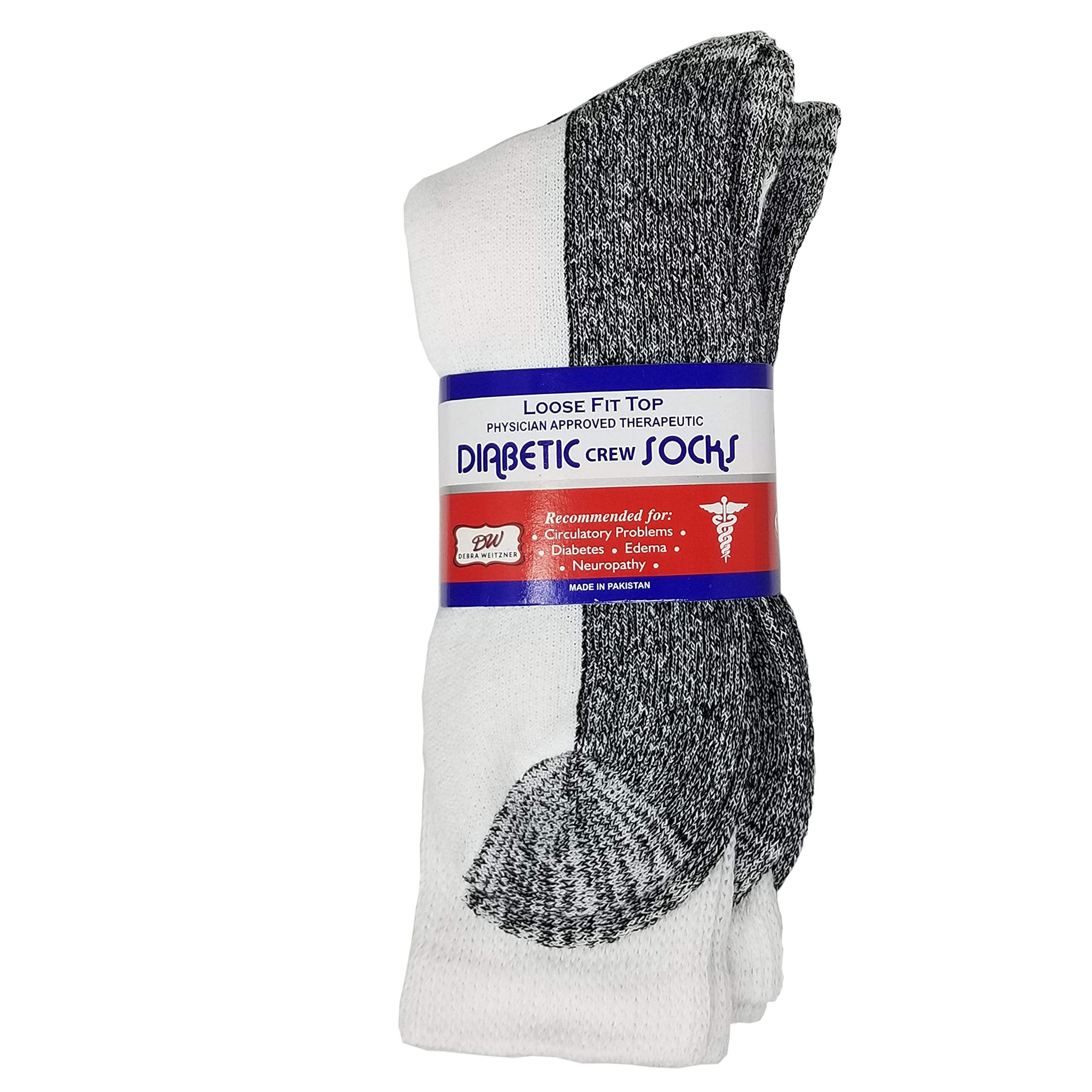 Debra Weitzner 6 Pairs Diabetic Crew Socks Reinforced Heel and Toe Non-Binding Cushion Socks for Men and Women White/Black Sole