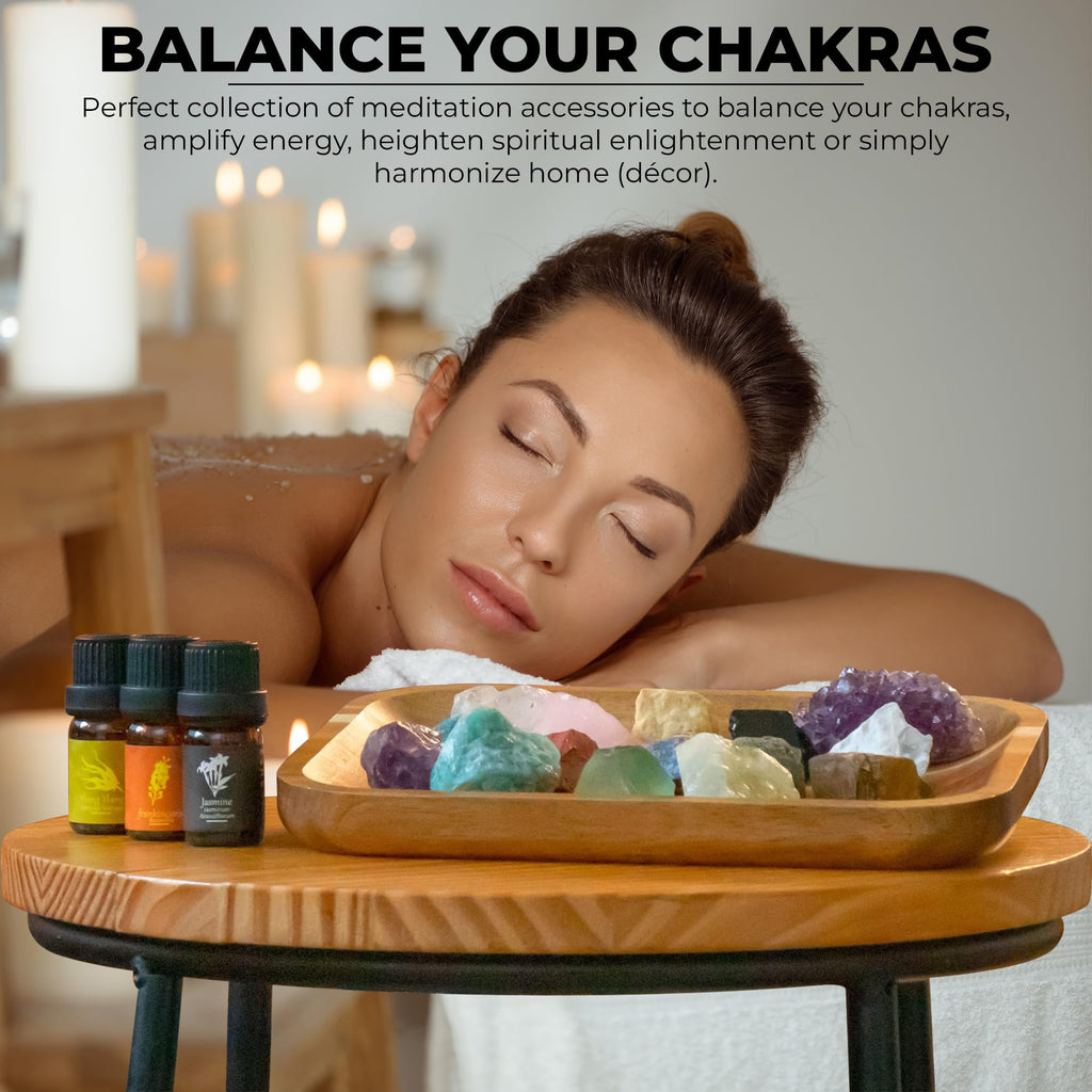 Crystals and Healing Stones Set 31Pcs - Healing Crystals & Stones - 14 Real Raw Chakra Rocks, 7 Gemstones Bottles, 3 Essential O