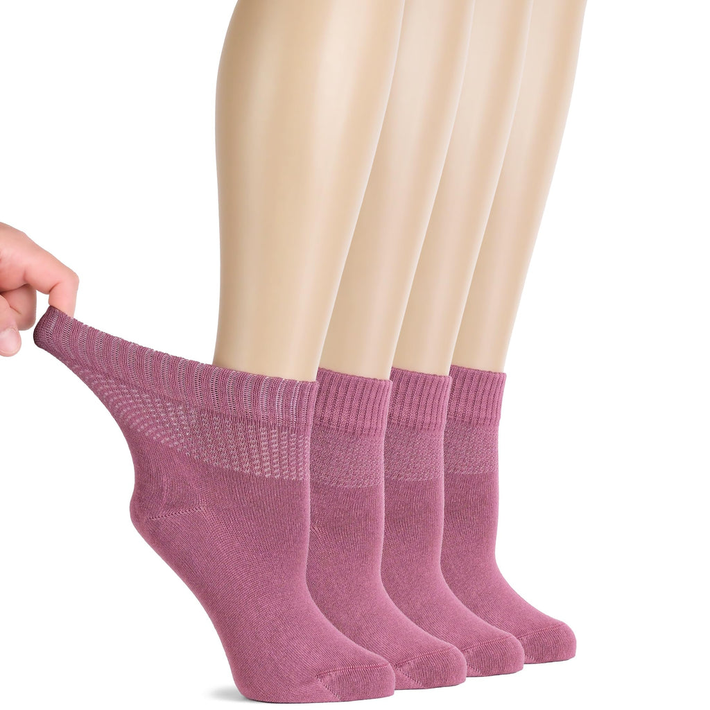 Hugh Ugoli Women Diabetic Ankle Socks, Super Soft & Thin Bamboo Socks, Wide & Loose, Non-Binding Top & Seamless Toe, 4 Pairs, Ro