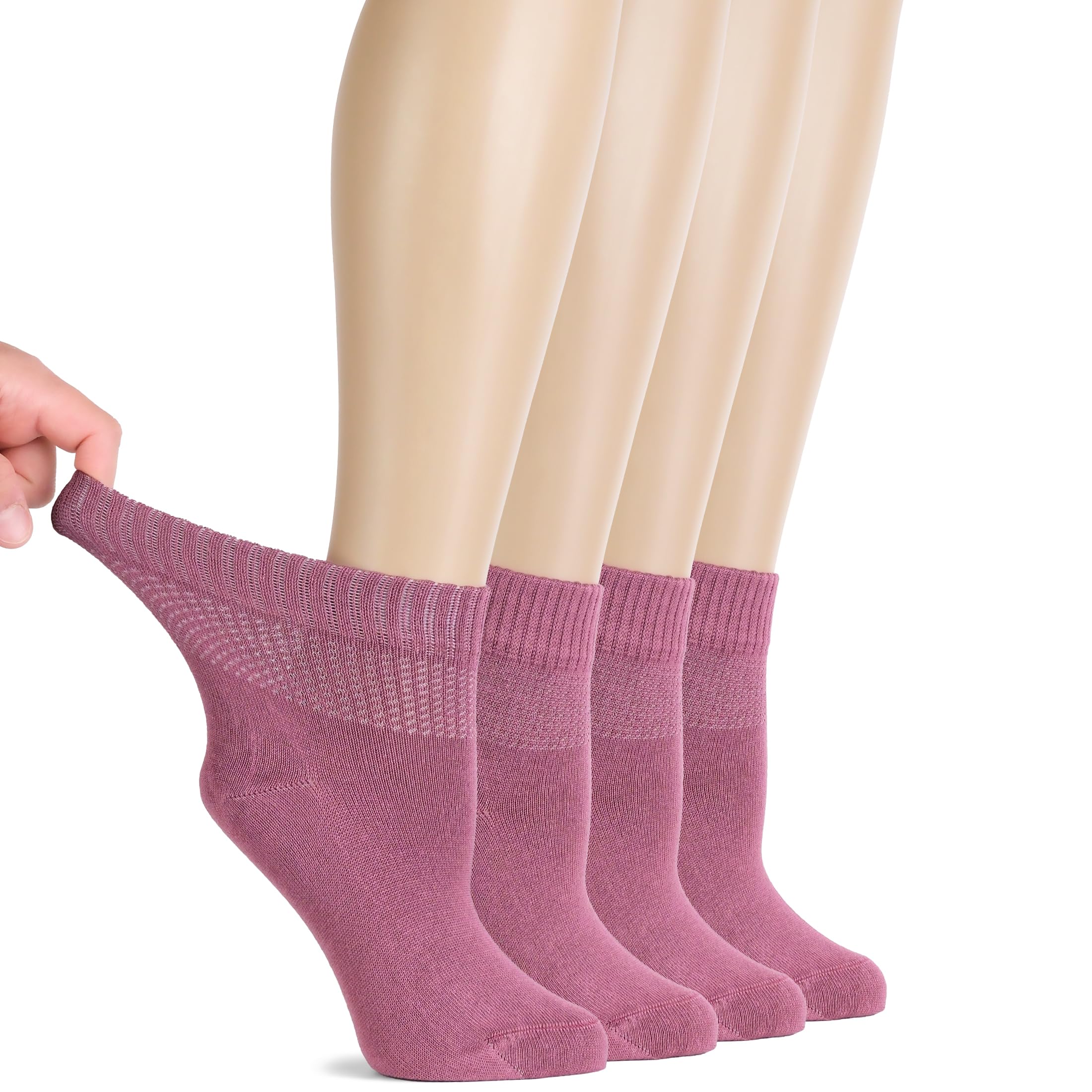 Hugh Ugoli Women Diabetic Ankle Socks, Super Soft & Thin Bamboo Socks, Wide & Loose, Non-Binding Top & Seamless Toe, 4 Pairs, Ro