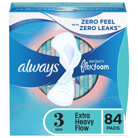 Always Infinity Feminine Pads for Women, Size 3, Extra Heavy Flow, with wings, Unscented, 28 count (Pack of 3) (84 count total)