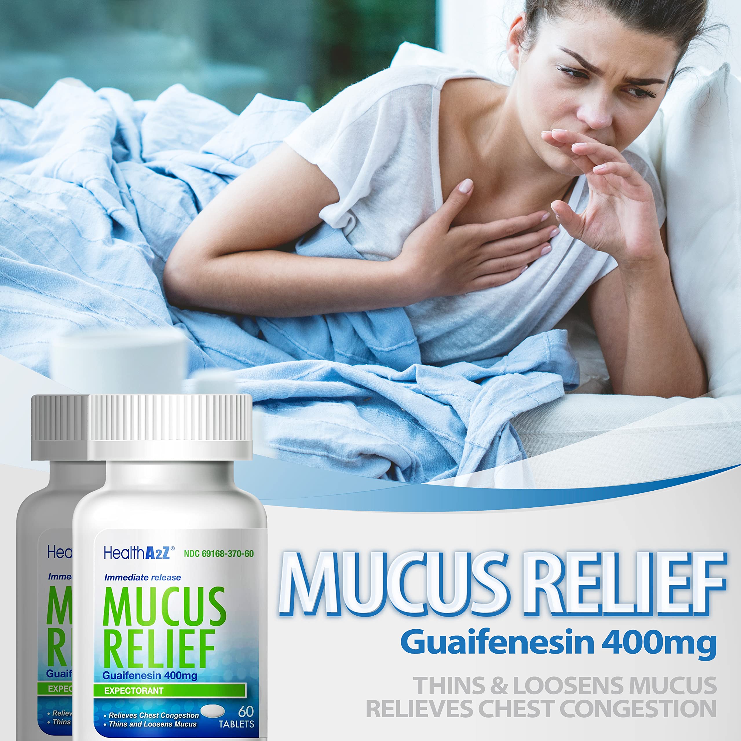 HealthA2Z Mucus Relief | Guaifenesin 400mg | No Benzene | Immediate Release | Expectorant (60 Counts)