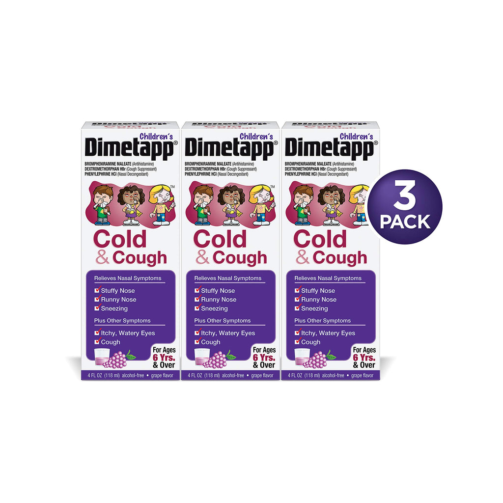 Childrens Dimetapp Cold & Cough (4 fl. oz., Pack of 3, Grape Flavor), Nasal Decongestant, Antihistamine & Cough Suppressant, Alc
