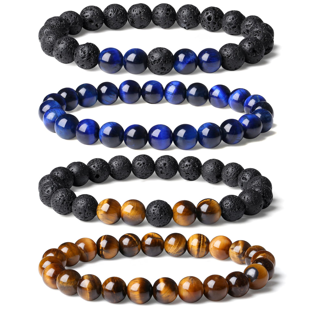 XIANNVXI Blue Crystal Bead Bracelet for Mens 4PC 8mm Natural Stone Beads Bracelets Set Tiger Eye Blue Black Crystal Stretch Bead