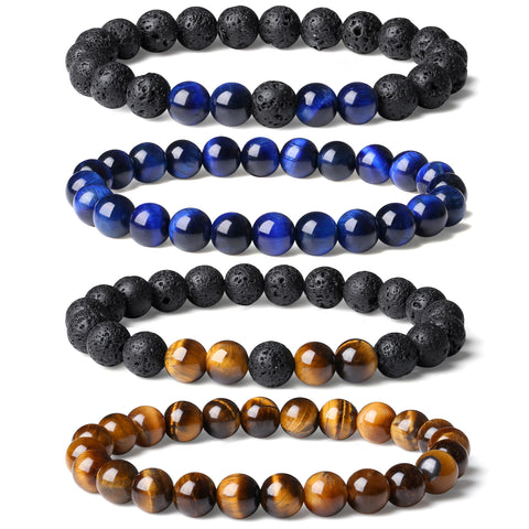 XIANNVXI Blue Crystal Bead Bracelet for Mens 4PC 8mm Natural Stone Beads Bracelets Set Tiger Eye Blue Black Crystal Stretch Bead