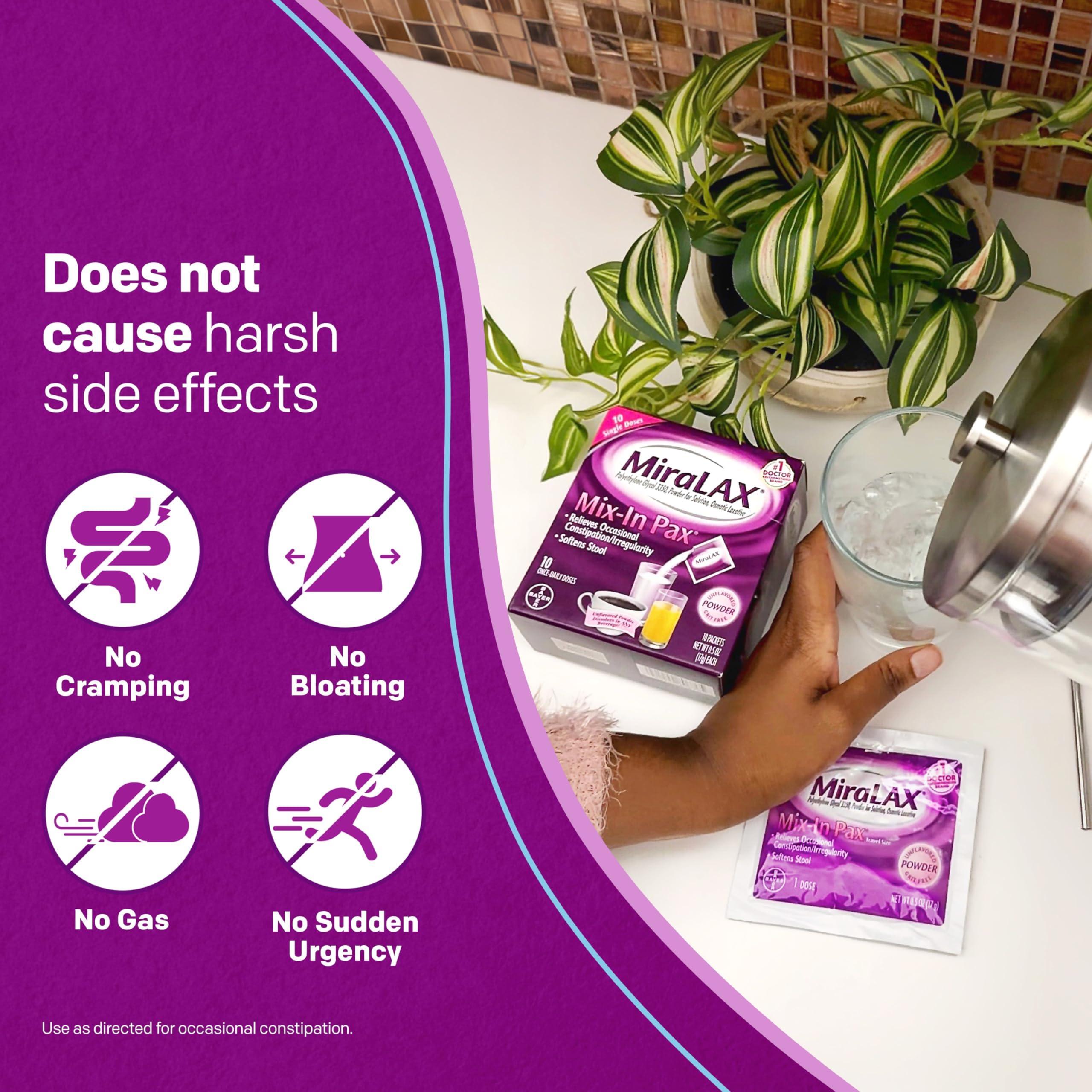 MiraLAX Gentle Constipation Relief Laxative Powder, Stool Softener with PEG 3350, No Harsh Side Effects, Single Dose Mix-In Pax