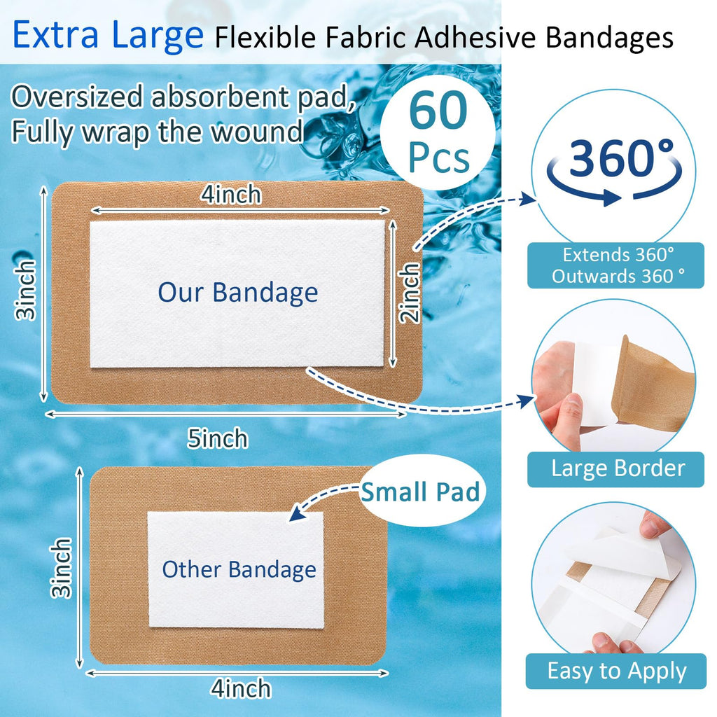 Geiserailie 60 Pcs Flexible Extra Large Adhesive Bandages 5 x 3 Sterile Fabric Adhesive Bandages with Non Stick Pad, Latex Free