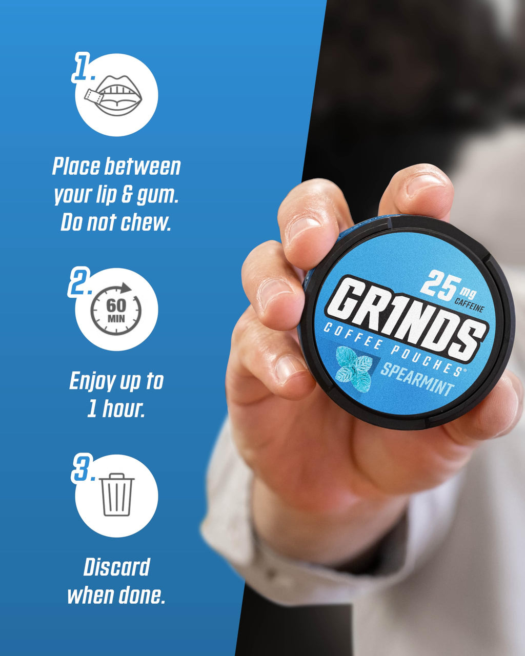 Grinds Coffee Pouches | Tobacco Free, Nicotine Free Healthy Alternative | 10 Cans of Spearmint | 18 Pouches Per Can | 1 Pouch eq