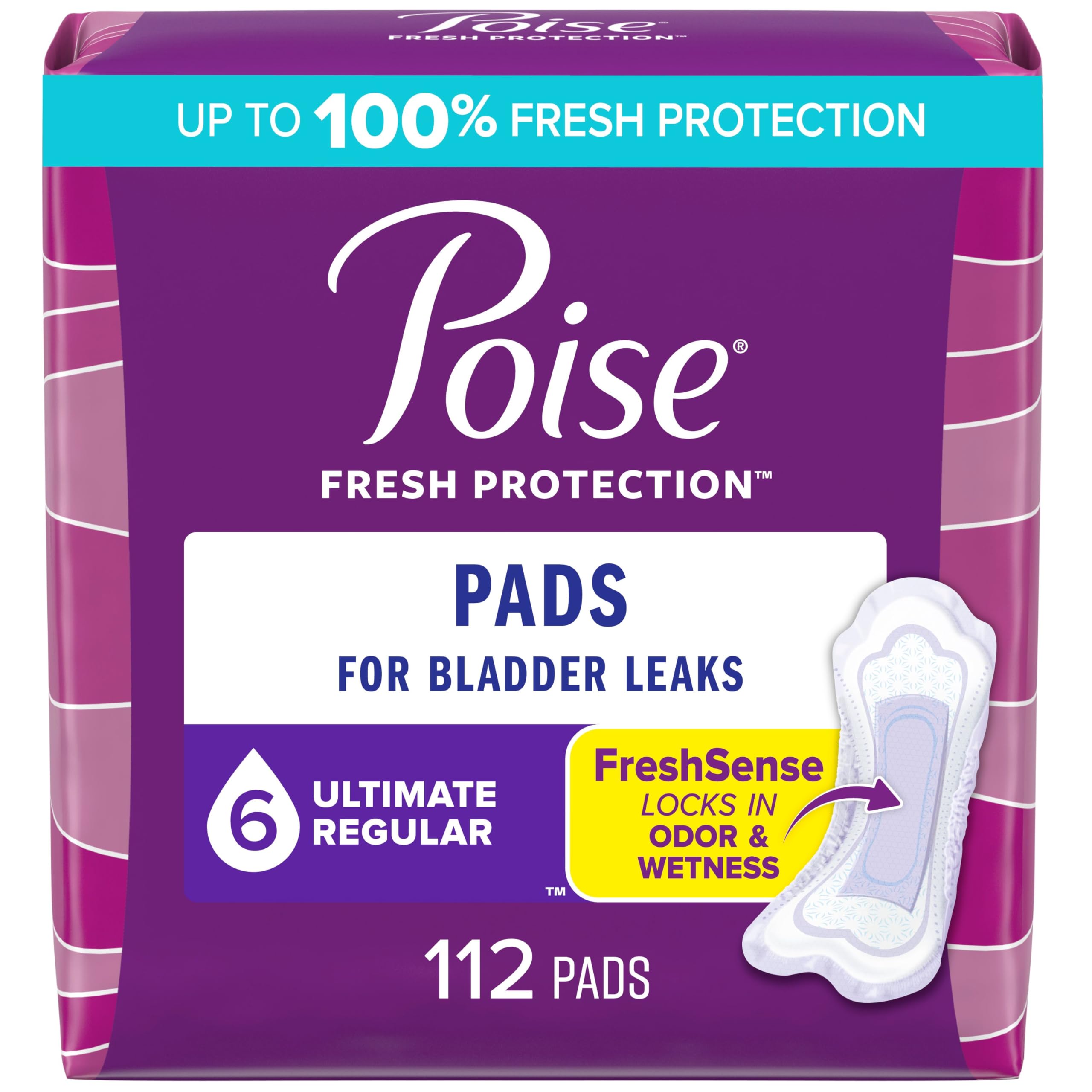 Poise Incontinence Pads & Postpartum Incontinence Pads, 6 Drop Ultimate Absorbency, Regular Length, 112 Count, Packaging May Var