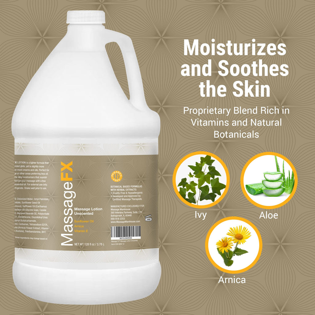 Massage FX Unscented Massage Lotion, 1 Gallon - Soothing Formula Provides Smooth Extended Glide - Non Sticky Formula Easy Glide
