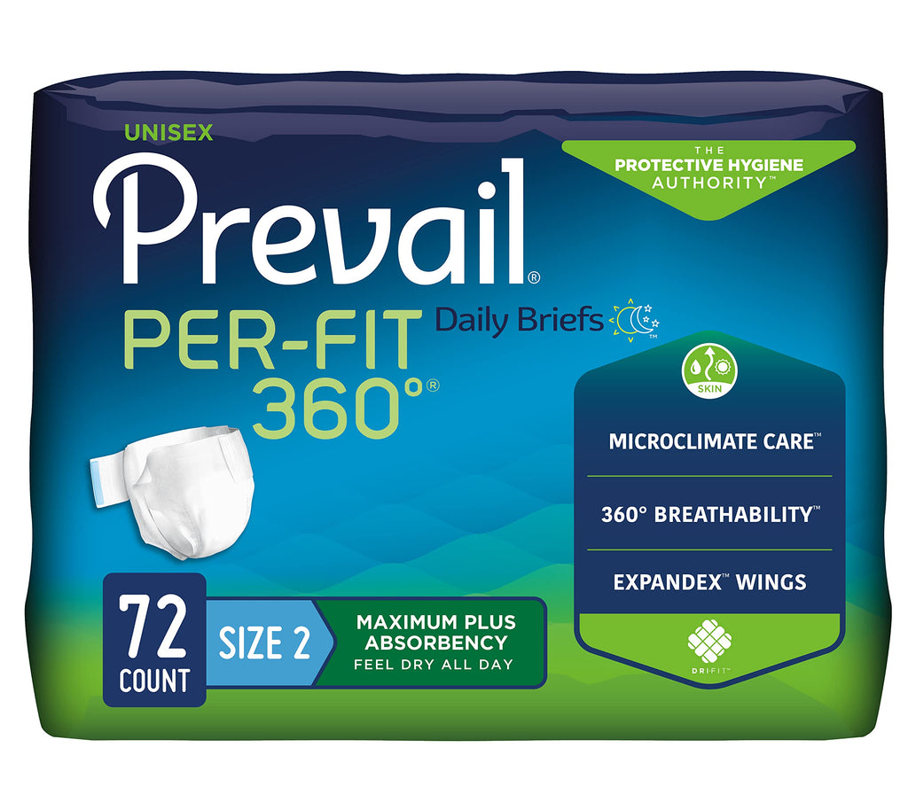 Prevail Per-Fit 360 Daily Incontinence Briefs, Unisex Adult Incontinence Briefs with Tabs, Maximum Plus Absorbency, Size 2, 72 C