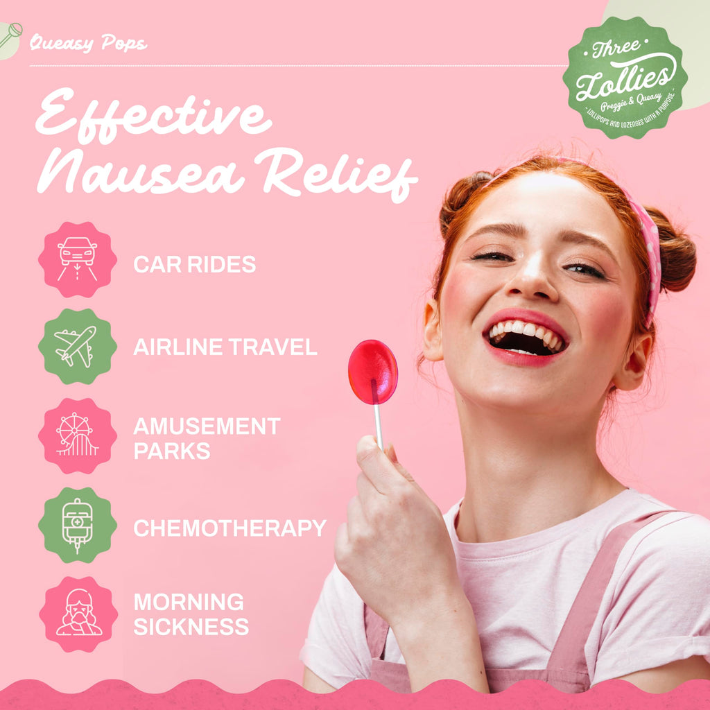 Three Lollies Queasy Pops - Lollipop Sticks for Nausea Relief, Motion Sickness & Dry Mouth - Natural Ingredients - 7 ct (3-Pack)
