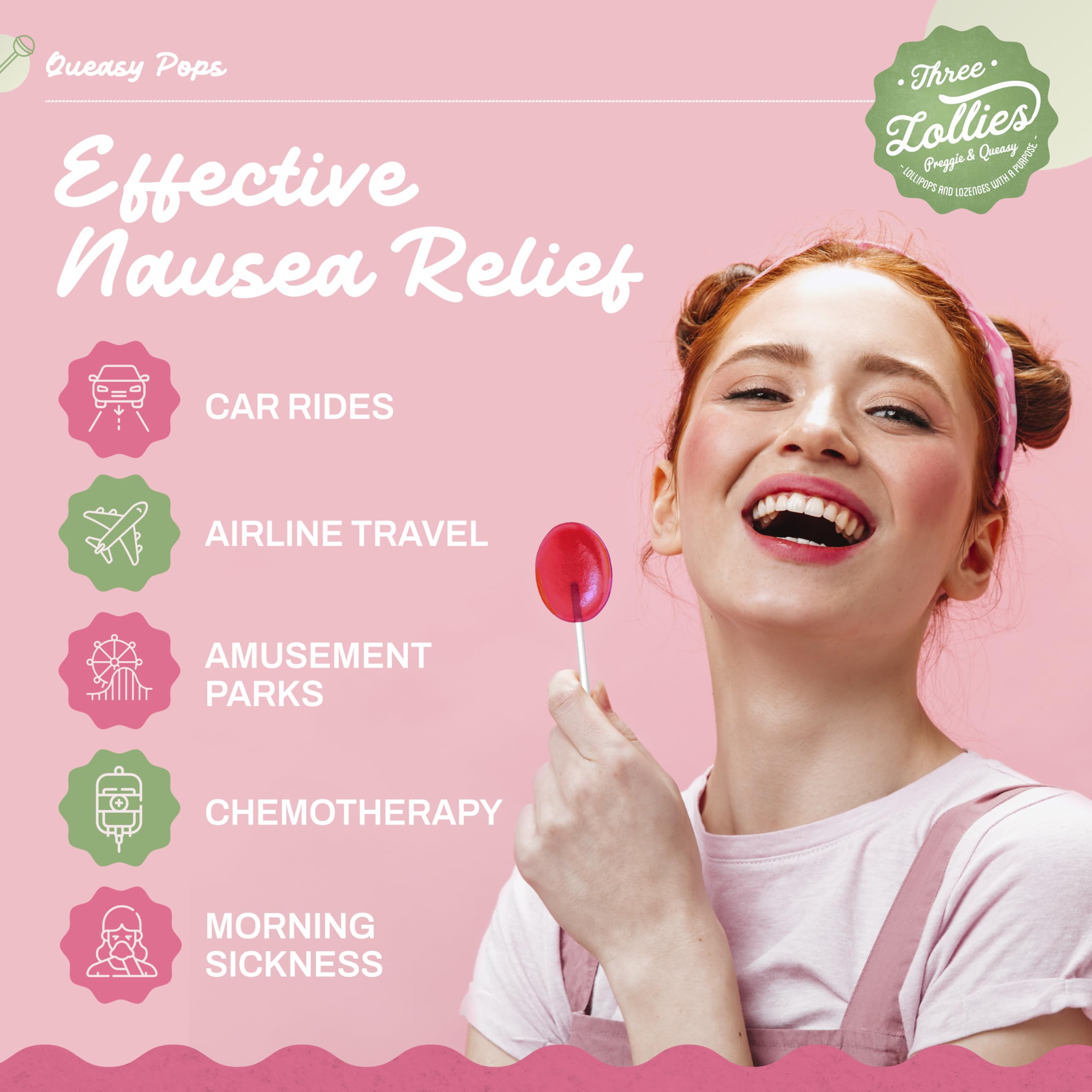 Three Lollies Queasy Pops - Lollipop Sticks for Nausea Relief, Motion Sickness & Dry Mouth - Natural Ingredients - 7 ct (3-Pack)