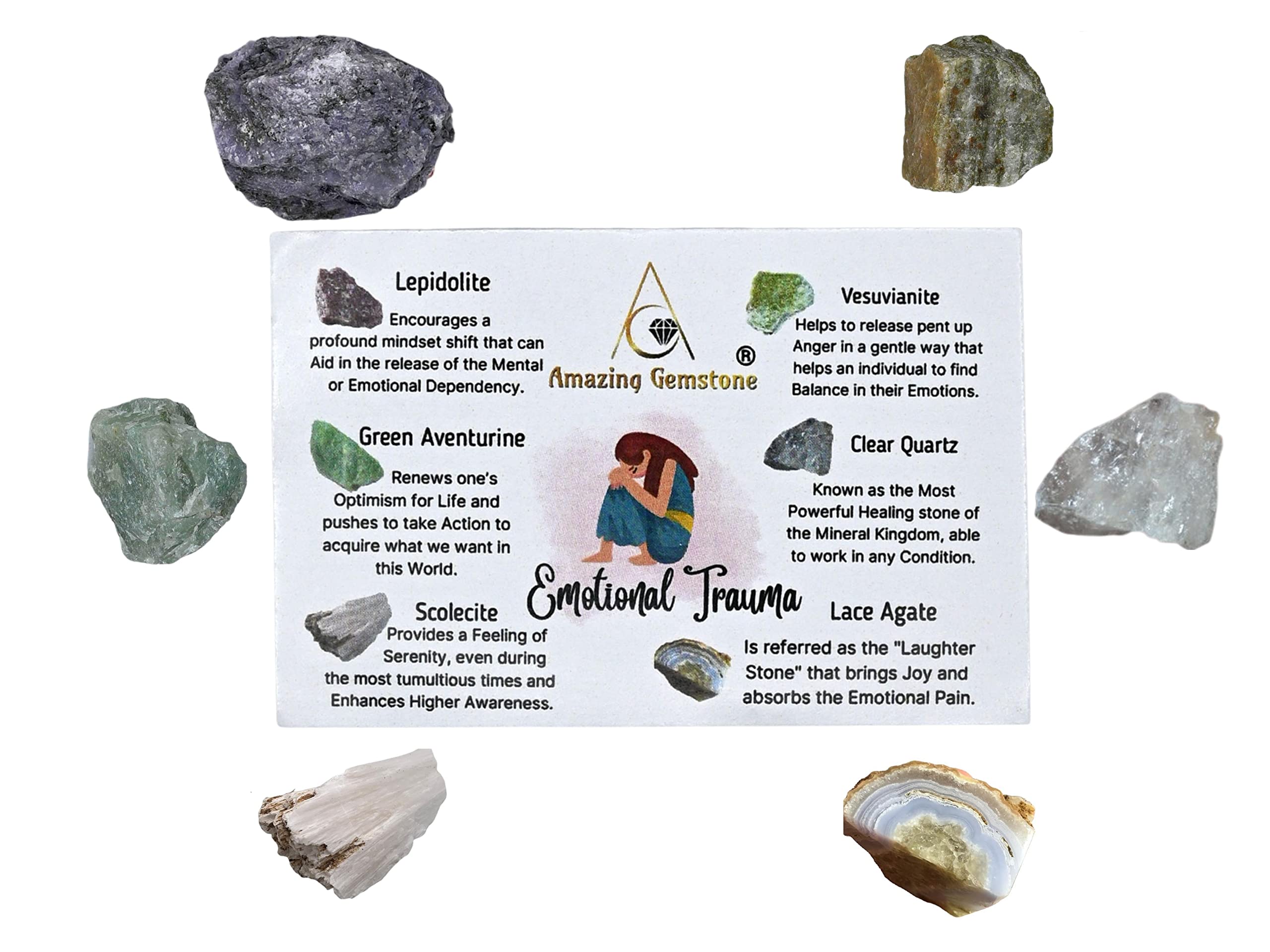 Crystals for Emotional Trauma Manifestation, Set of 6 Lepidolite, Green Aventurine, Scolecite, Vesuvianite, Lace Agate and Clear