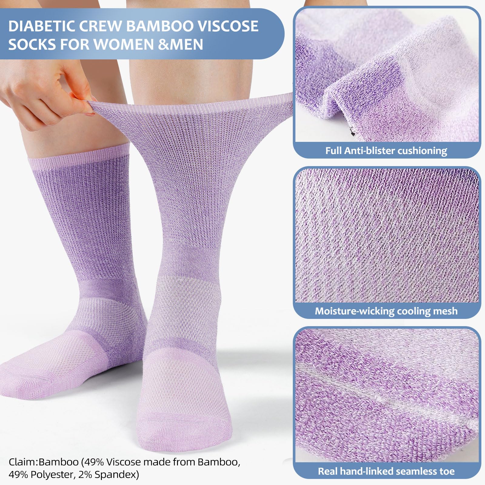 Bulinlulu Non Binding Diabetic Socks for Women&Men,6 Pairs Crew Diabetic Socks,Diabetic Crew Socks with Seamless Toe(Medium,Ligh