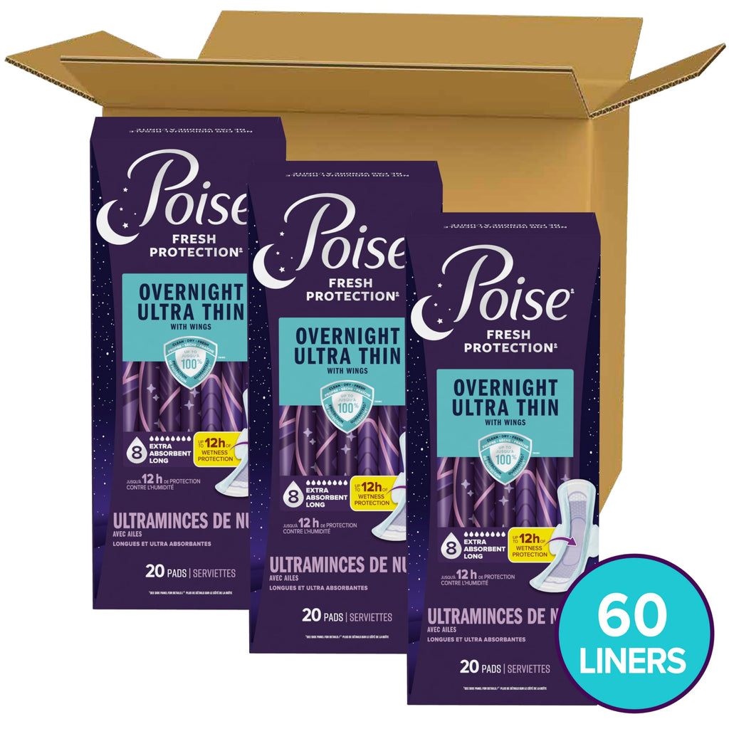 Poise Overnight Ultra Thin Incontinence & Postpartum Pads with Wings for Bladder Leaks, 8 Drop Extra Absorbent, Long Length, 60