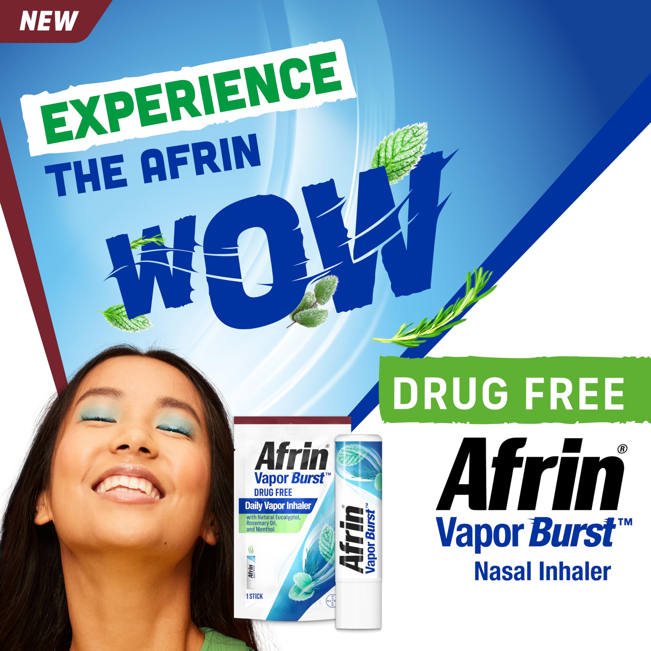 Afrin New Vapor Burst, On-The-Go Daily Inhaler, 100% Drug Free, Infused with Natural Eucalyptol, Rosemary Oil, and Menthol 0.8 m