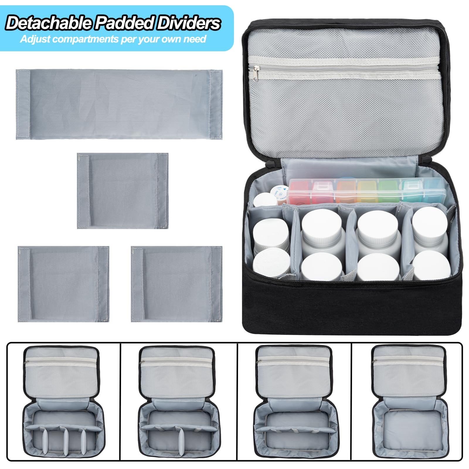 Medicine Organizer Bag, Dual Layers Pill Bottle Organizer Storage Bag with Adjustable Divide, Medication Travel Bag for Pills, V
