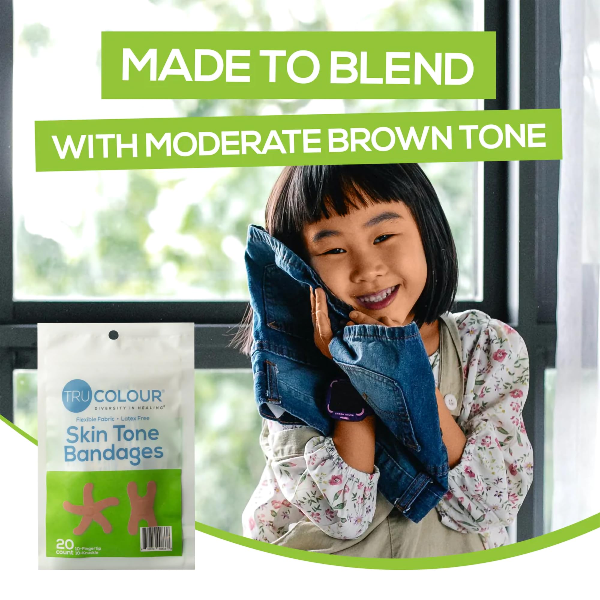 Tru-Colour Skin Tone Bandages Variety Pack - Flexible Fabric Adhesive Strips, Fingertip, Knuckle Bandages - Olive, 2 Pack, 50 Co