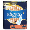 Always Maxi Overnight Pads with Wings, Size 4, Overnight, Unscented, 144 CT