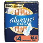 Always Maxi Overnight Pads with Wings, Size 4, Overnight, Unscented, 144 CT