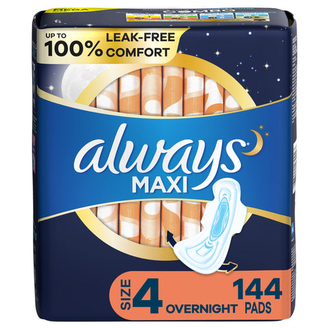 Always Maxi Overnight Pads with Wings, Size 4, Overnight, Unscented, 144 CT