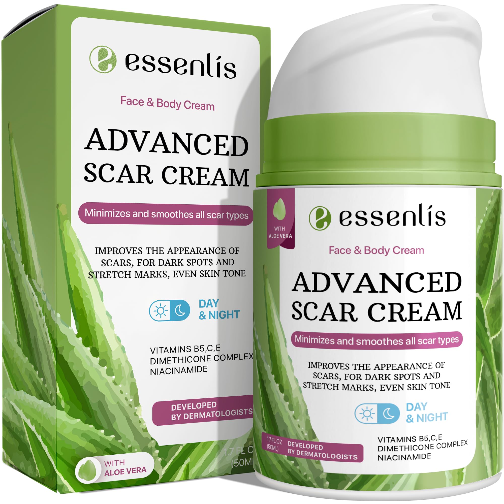 Scar Removal Cream for Women & Men, Rapid Repair of New Old Scars, Spots, Burns All Natural Treatment with Vitamin E, B5, C, Alo