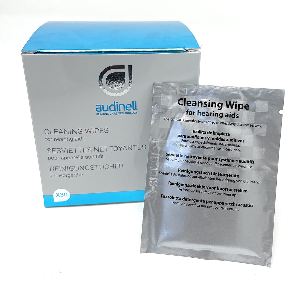 Audinell Cleaning Wipes | 30 Individually-Wrapped, Alcohol-Free | Cleans, Removes Earwax & Sweat from Hearing Aids, Earmold, Air