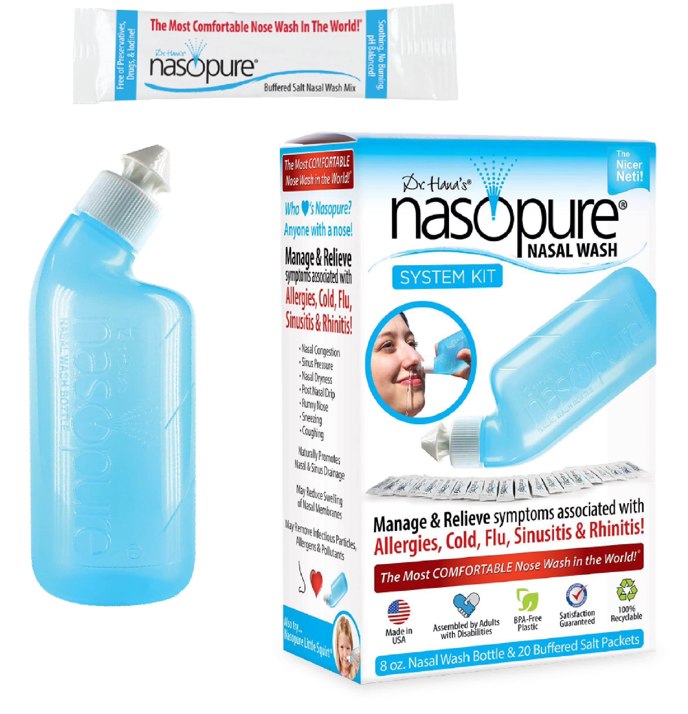 Nasopure Nasal Wash, System Kit, The Nicer Neti Pot    Sinus Wash Kit, Comfortable Nasal Rinse 8 Oz Bottle & 20 Salt Packets (3.