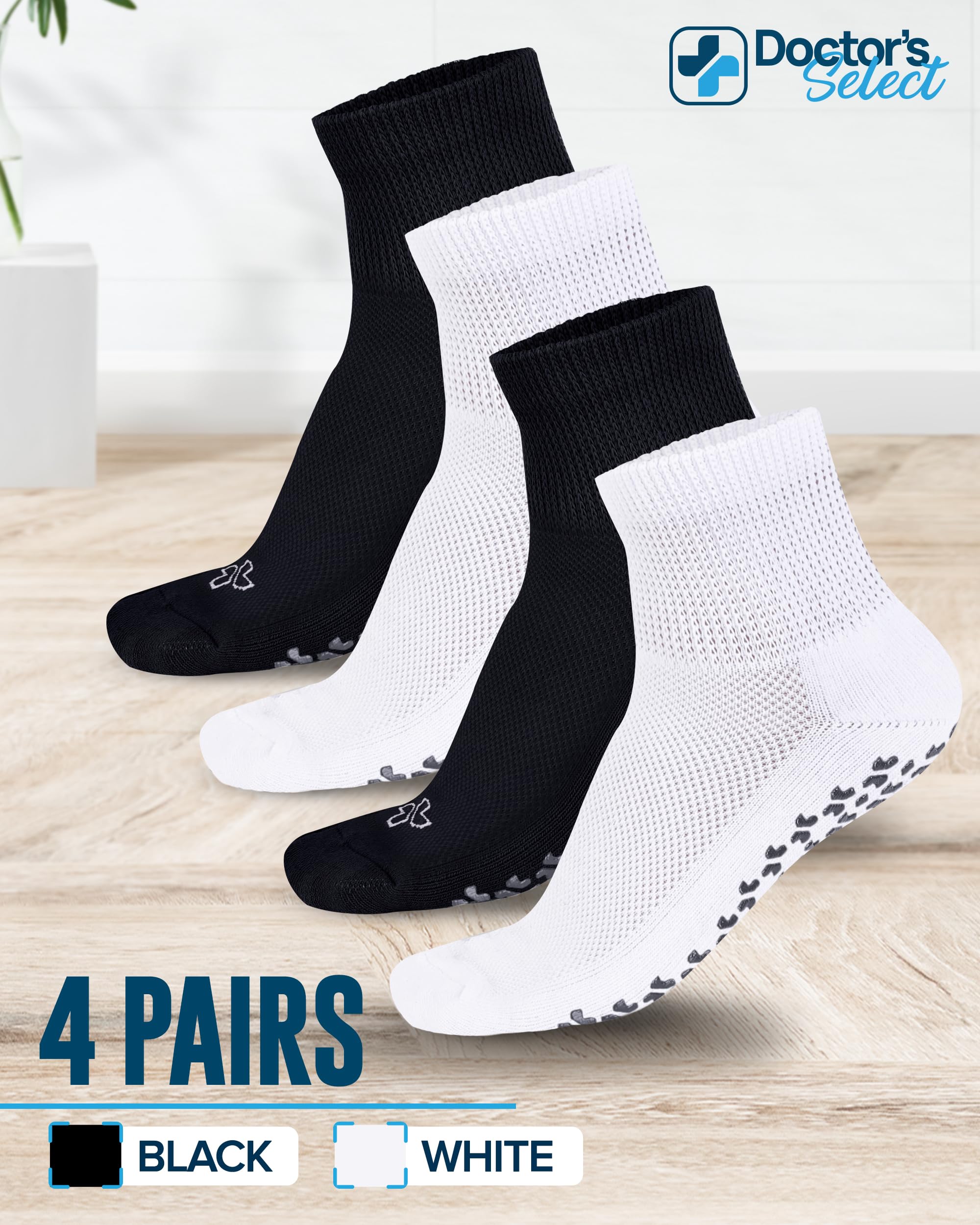 Doctor's Select Diabetic Socks for Men & Women - 4 Pair, Black & White, Non-Slip, Medium Size (Men's 5-9, Women's 6-10)