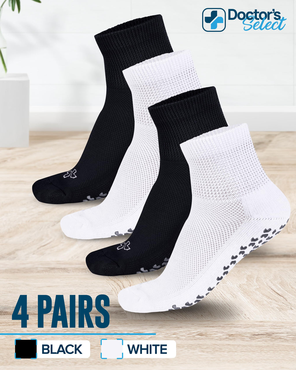 Doctor's Select Diabetic Socks for Men & Women - 4 Pair, Black & White, Non-Slip, Medium Size (Men's 5-9, Women's 6-10)