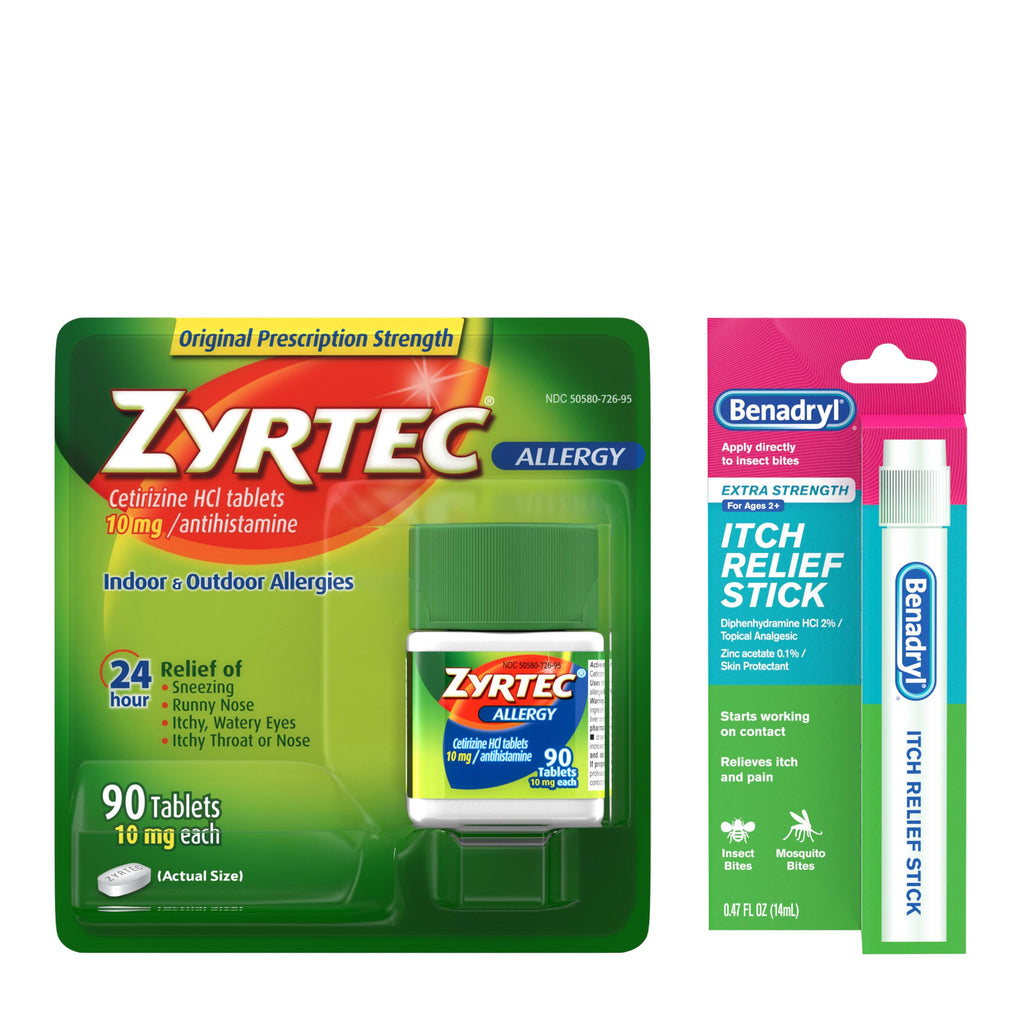 Zyrtec 24 Hour Allergy Relief Tablets with Cetirizine HCl Antihistamine, 90 ct & Benadryl Extra Strength Itch Relief Stick with 