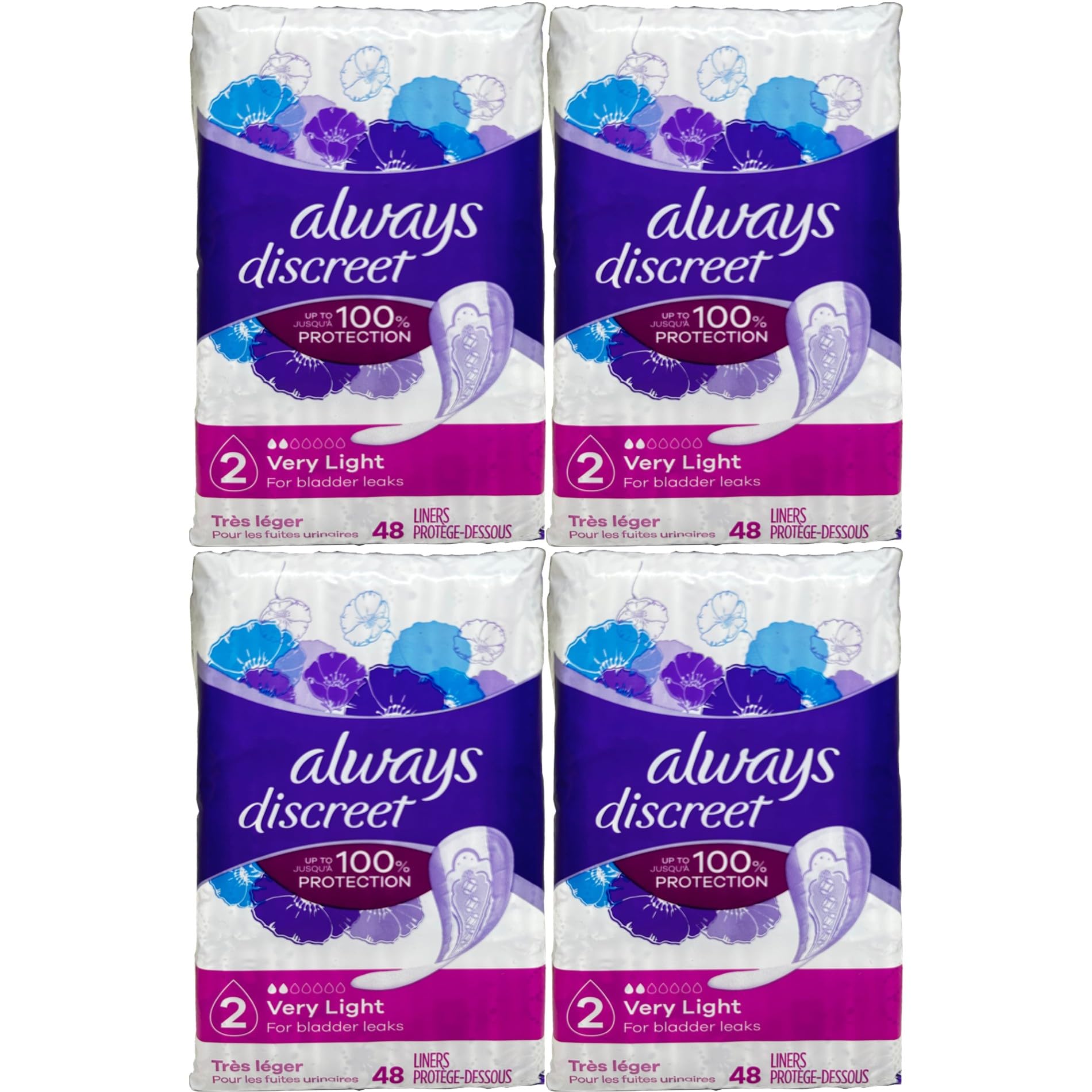 Always Discreet Incontinence Liners, Very Light Absorbency - 48 Ct Each Pack (4 Pack)