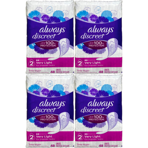 Always Discreet Incontinence Liners, Very Light Absorbency - 48 Ct Each Pack (4 Pack)