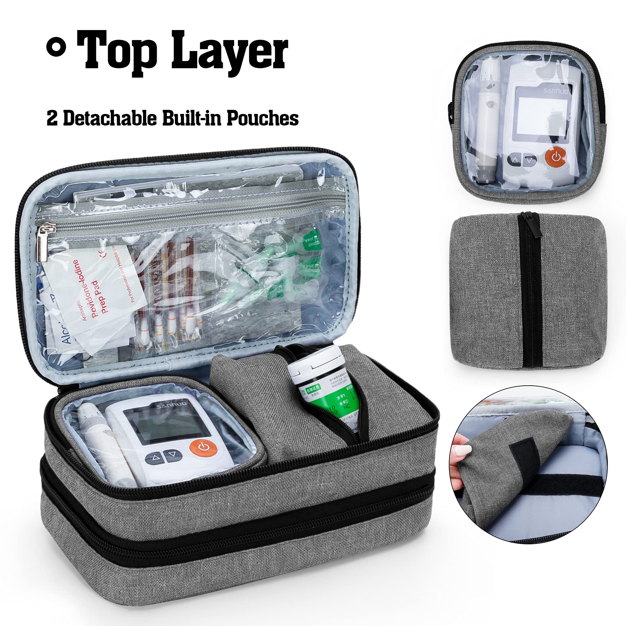 CURMIO Insulated Insulin Cooler Travel Case, Double Layer Diabetic Supplies Storage Bag with Detachable Pouches for Diabetic Med