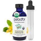 PURA DOR Organic Ylang Ylang Essential Oil (4oz with Glass Dropper) 100% Pure & Natural Therapeutic Grade for Hair, Body, Skin,