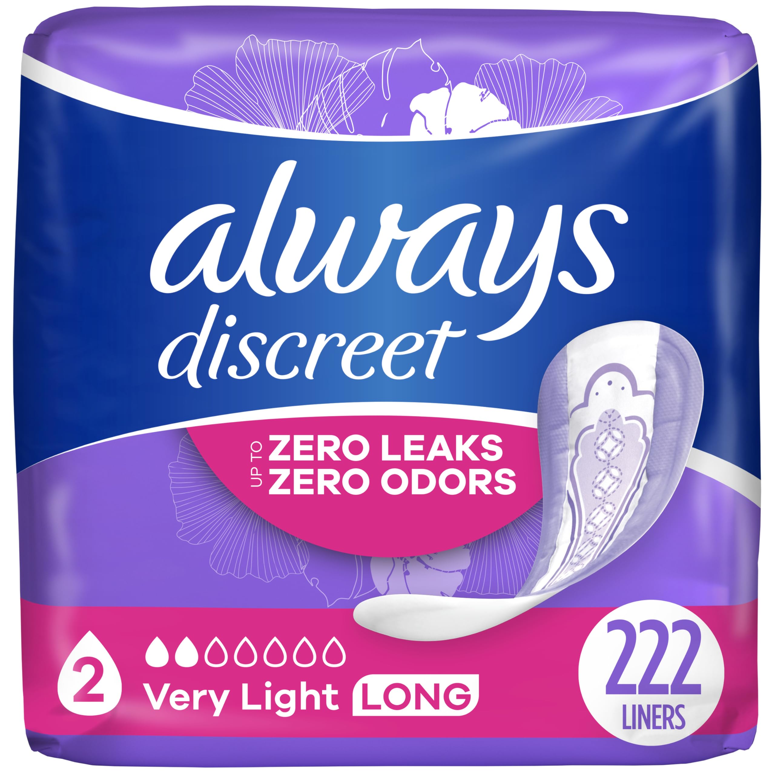 Always Discreet Adult Incontinence & Postpartum Liners for Women, Size 2, Very Light Absorbency, Long Length, 111 Count x 2 Pack