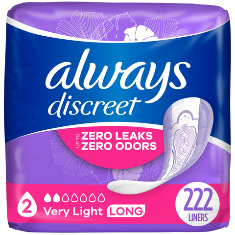 Always Discreet Adult Incontinence & Postpartum Liners for Women, Size 2, Very Light Absorbency, Long Length, 111 Count x 2 Pack