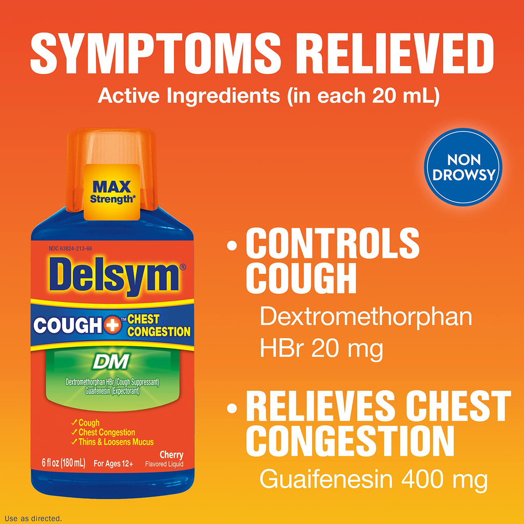 Delsym Max Strength Delsym Cough Plus Chest Congestion DM Liquid, Cherry Flavor, 6 fl. oz. Relieves Cough, Chest Congestion, and