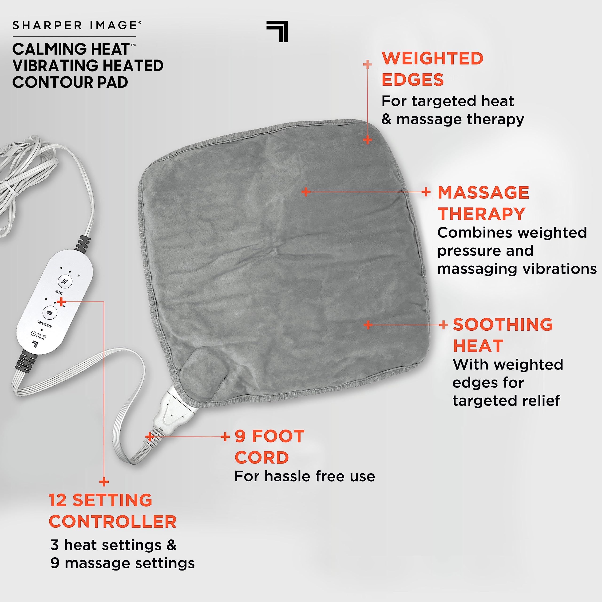 Calming Heat Vibrating Heating Contour Pad by Sharper Image- Weighted Electric Heating Pad with Massaging Vibrations, 12 Setting