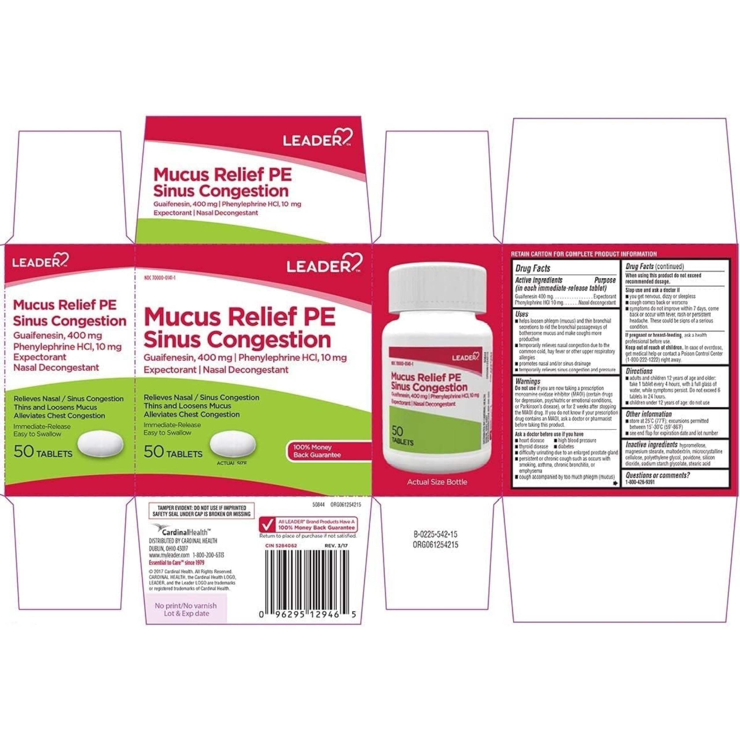 Leader Mucus Relief PE Sinus Congestion, Expectorant; Nasal Decongestant, Thins and Loosens Mucus, Immediate-Release, Alleviates