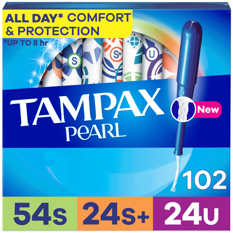 Tampax Pearl Tampons for Women Multi Pack, Super/Super Plus/Ultra Absorbency, 34 Count x 3 Packs (102 Count Total) (Packaging Ma