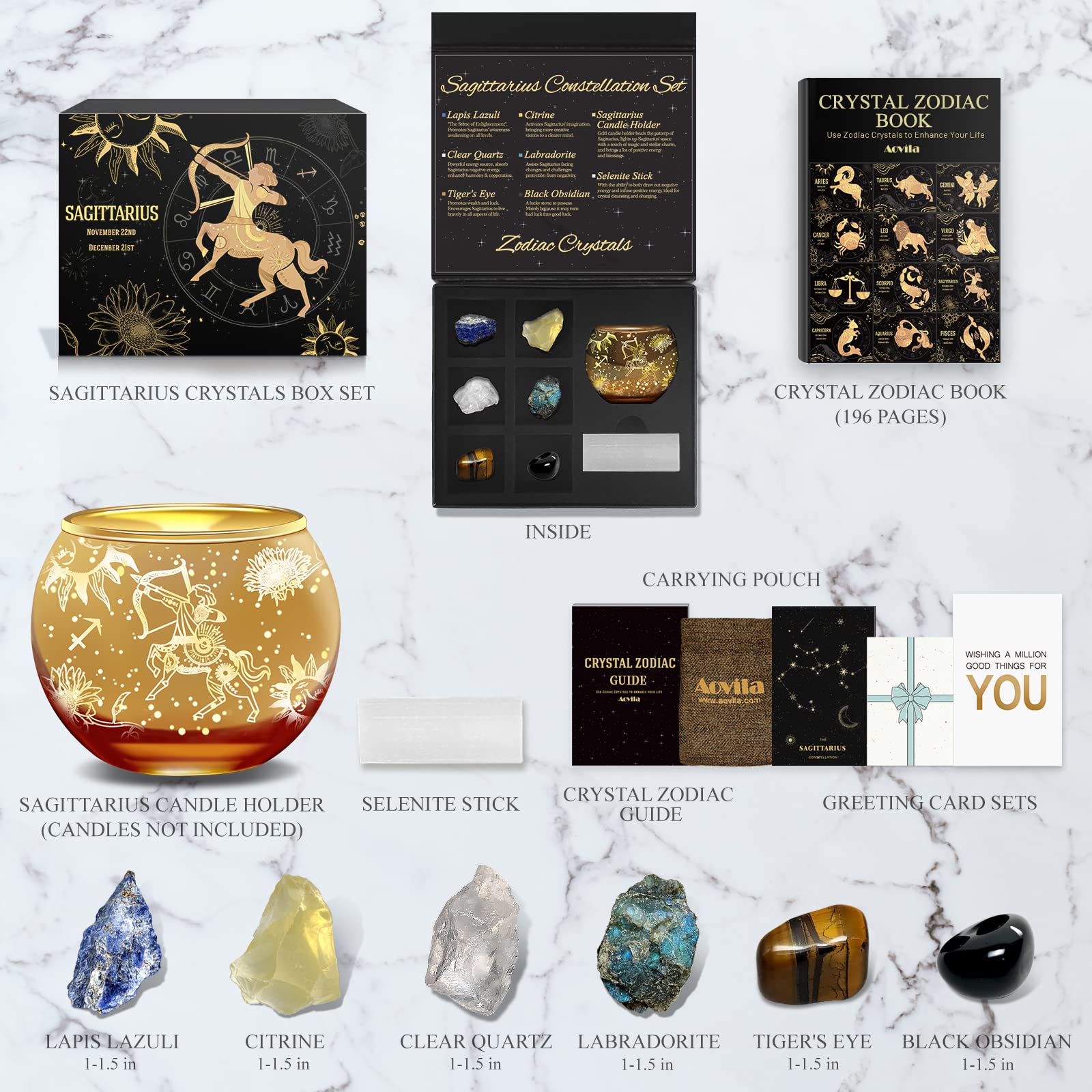 Aovila Sagittarius Birthday Gifts for Women - Sagittarius Candle Holder Crystals Birthstones Gifts Box Set - Zodiac Gifts Astrol