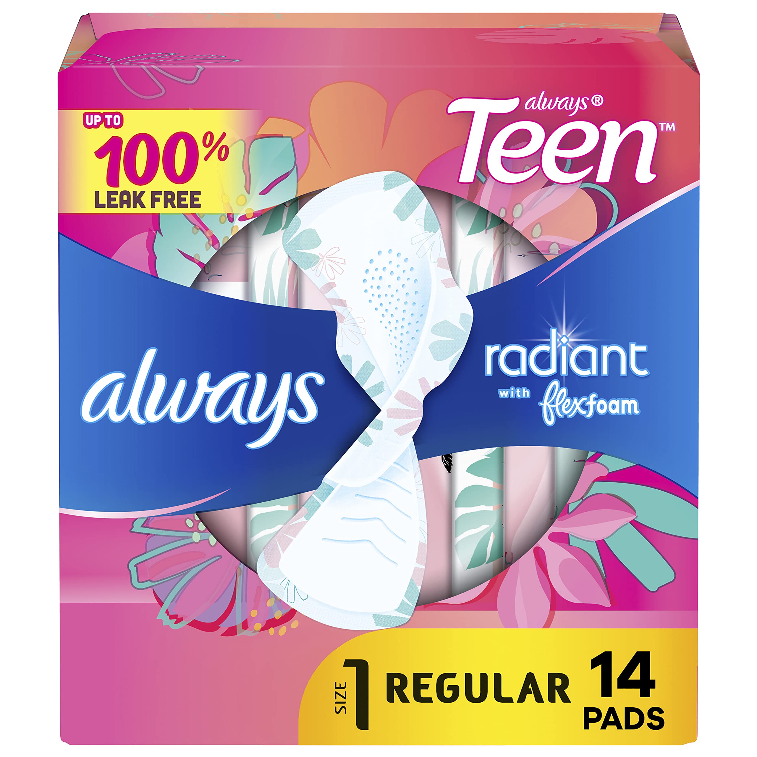 Always Radiant Teen Feminine Pads for Women, Size 1 Regular Absorbency, with Flexfoam, with Wings, Unscented, 14 Count